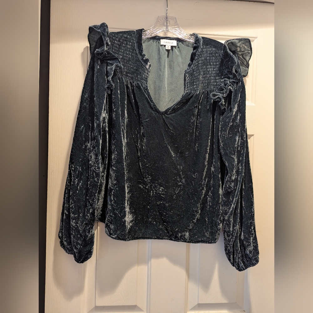 Evereve Top Dark Teal Blue Crushed Velvet Ruffle Sleeve Blouse Size XL *NWOT